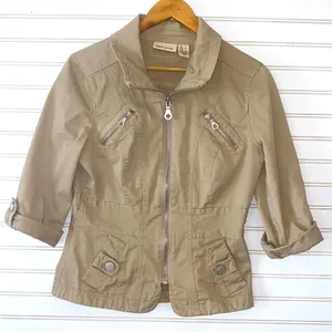 DKNY Jeans Jacket Small Khaki‎ Tan Utility Zip Up Multi Pocket 3/4 Sleeve thumbnail 2