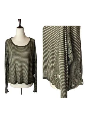 Free People Olive Green Stripe Crochet Sides Linen Blend Long Sleeve Top Size XS thumbnail 2