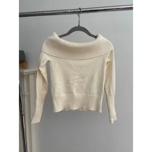 Women’s Ivory Off Shoulder Sweater Ribbed Foldover Cowl Neck Knit Pullover thumbnail 7