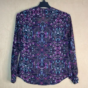 Converse One Star Womens Purple Blue Floral Pintuck‎ Blouse Sz M Long Sleeve EUC thumbnail 2