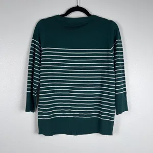 ModCloth Womens Striped Cardigan Knit Sweater Dark Green White V-Neck‎ Large thumbnail 6