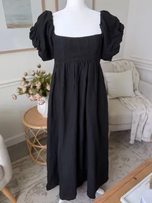 A. REN Candace Linen Maxi Dress Washed Black Puff Sleeve Smocked Back M thumbnail 9