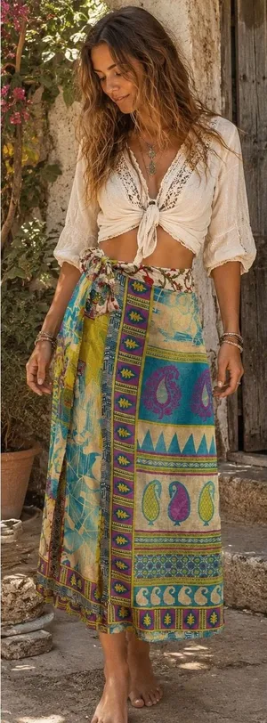 Reversible boho Silk Wrap Skirt Womens OS Turquoise Gold Floral Maxi thumbnail 1