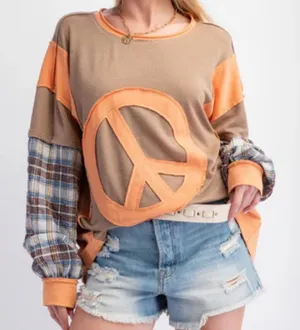 NWT Easel Peace Patch Mixed Mineral Washed Colorblock Plaid Top size large thumbnail 1