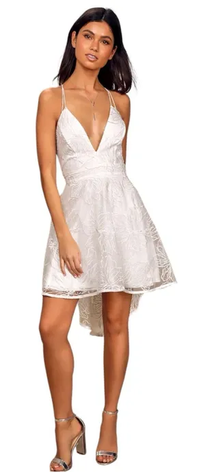 LULU’s Plunge V-Neck White Lace High-Low Sequins Floral Cocktail Party Dress L thumbnail 1