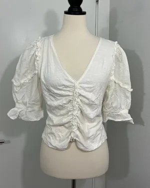 Anthropologie Medium Cream Ruffled Ruched Center V-Neck Blouse thumbnail 1