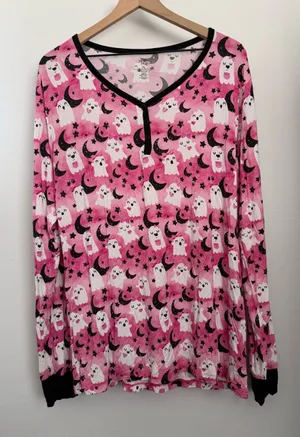Birdie Bean‎ Large Ghost Print PJ Long Sleeve Henley Pink Black Bamboo Halloween thumbnail 1