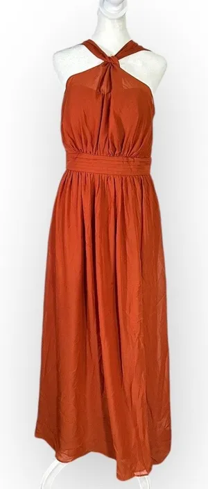 Birdy Grey Maxi Dress Women's Medium Rust Orange Tie Back Halter Sleeveless thumbnail 1