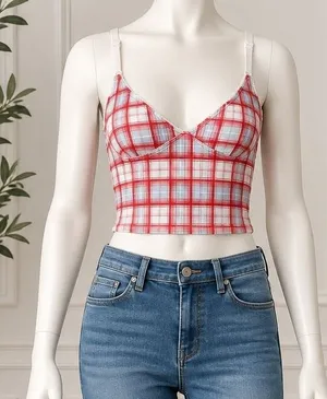Unbranded Womens Camisole Red Blue Plaid V-Neck Lace Trim Size Medium thumbnail 1