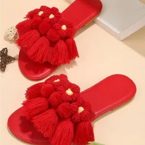 New Red Slide Sandal Tassel Pom Pom Faux Suede Slip On Bohemian Sz-8 thumbnail 3