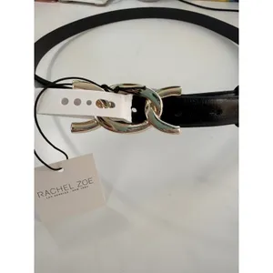 Rachel Zoe‎ Black Leather Belt High Shine Gold Interlocking Chain Link L NWT thumbnail 6