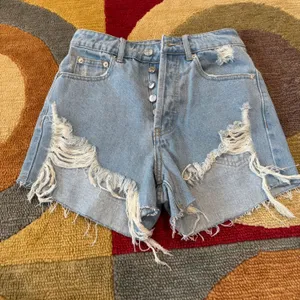 Edikted Denim Jean Shorts Button Fly High Rise Very Distressed Ripped Size XS thumbnail 1