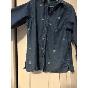Womens Denim Long Sleeve‎ Shirt Snowflake Embroidery Blue Button Down Casual Top thumbnail 4