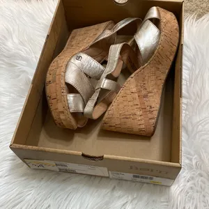 Born Criss cross metallic leather cork platform slingback Summer wedges thumbnail 6