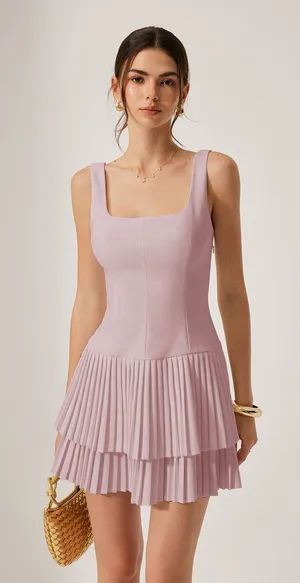 Commense Square Neck Pleated Dress Pink Size XS thumbnail 1
