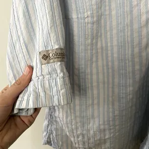Columbia blue white striped 3/4 sleeve button down collared cotton nylon comfort thumbnail 4