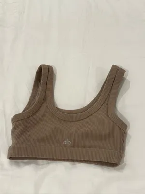 ALO Yoga Ribbed Scoop-Neck Sports Bra in Taupe thumbnail 2