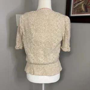 Vintage Style Crochet Knit Cardigan and Camisole Set Beige Pink Ribbon Trim thumbnail 6
