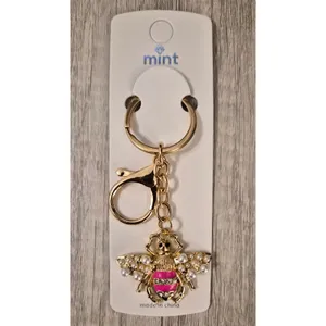 NWT Mint Gold Bumblebee Bag Charm Keychain Pink Rhinestone Pearl Cottagecore thumbnail 2