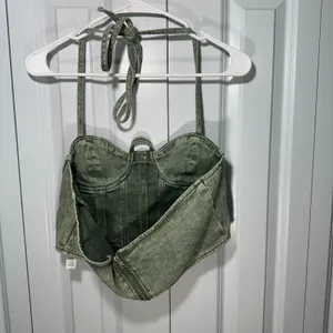 PrettyLittleThing Corset Top 10 Green‎ Acid Denim Halter Bustier Fairy Grunge thumbnail 2