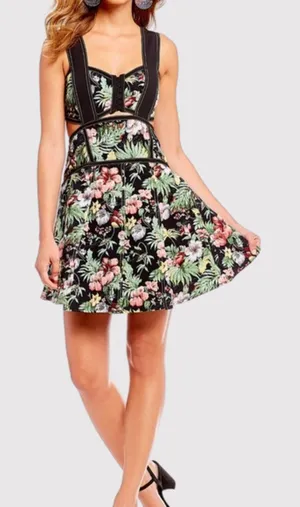 NWT Gianni Bini Dress Black Alexie Corset Mini Floral Cutout Fit Flare Large thumbnail 1