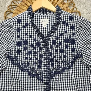 J.Crew Embroidered Indigo Crinkled Gingham Short Sleeve Navy White Top Cotton XS thumbnail 5