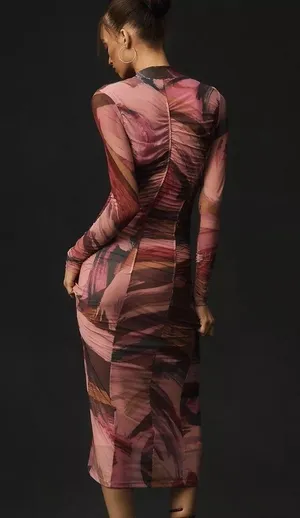 NWT By Anthropologie Long-Sleeve Printed Mesh Midi Dress Size XS thumbnail 2