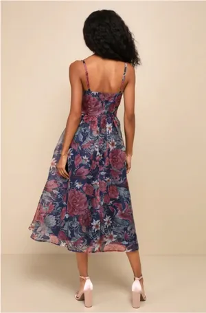 Lulus Navy Blue Floral Midi Gown Dress thumbnail 2