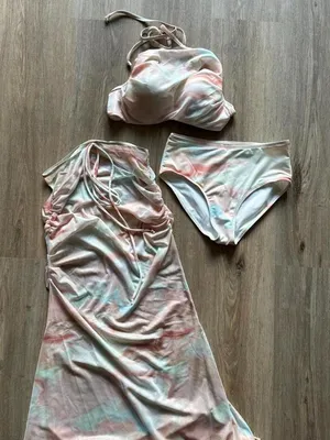 Pastel tie-dye bikini set (top, bottom, coverup) with pink, peach, and light blu thumbnail 2