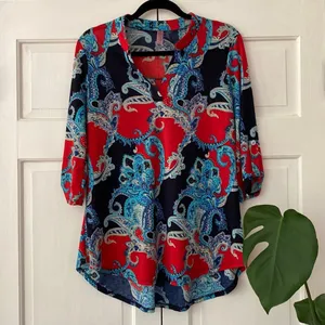 DazzleUp Paisley Tunic Top Swim Cover‎ Up Red Blue Boho Beach Size Medium Resort thumbnail 2