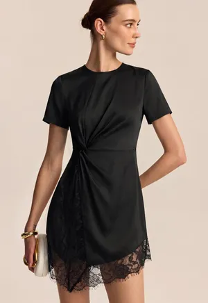 Commence black Short Sleeve Twist Waist Lace Hem Mini Dress Small NWT thumbnail 1