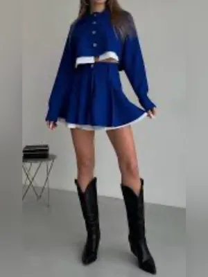 Monika Two-Piece Buttoned Crop Jacket & Skort Set Blue Small NWOT IN PACKAGE thumbnail 2