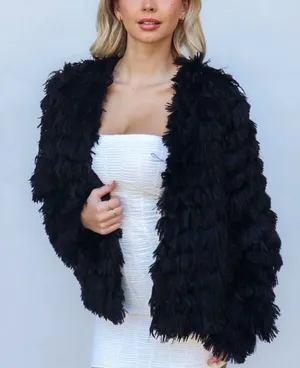 Blue blush Bambi faux fur fringe black jacket NWOT size small thumbnail 1