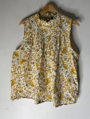 J crew XXL Yellow Floral Pintuck Ruffle Neck Cotton sleeveless Blouse BL078 thumbnail 1