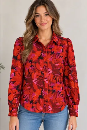 BTFBM Women's Small Red Pink Orange Floral Button Down Blouse thumbnail 1