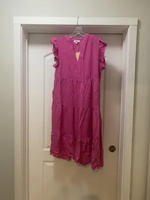 Entro Dress Womens Large Pink Ruffle Flutter Sleeve Tiered Swing Midi thumbnail 2