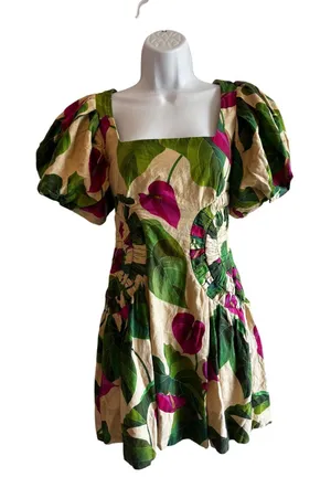 FARM Rio Sand Anthurium Leaves Puff Sleeve Mini Dress XS Summer Boho Ljnen thumbnail 1