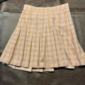 New Aerie Pleated Mini Skirt Pink‎ Brown Gingham Plaid Size XS $49.95 Preppy thumbnail 5