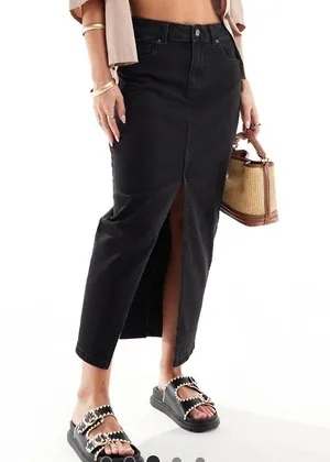 ASOS / ASOS DESIGN Petite denim maxi skirt with split hem / washed black thumbnail 3