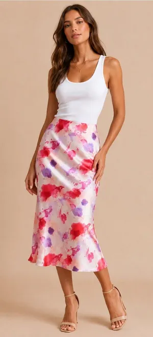 Lulus Satin Pink/Purple Splatter Skirt Size Large NWT thumbnail 1