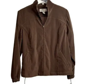 ORVIS Brown Faux Suede Full Zip Jacket Cinch Hem Pockets Y2K Women's 12 thumbnail 1