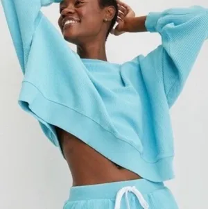 Aerie Corded Aqua Blue Crew Neck Sweatshirt thumbnail 2
