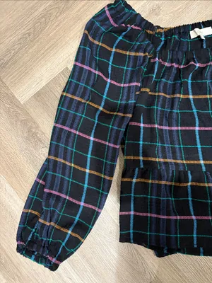 LOFT Black Navy Plaid Off-Shoulder Peplum Long-sleeve Blouse Size L thumbnail 4