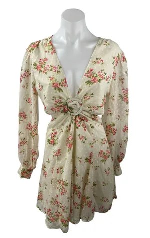 ASOS Design Womens Cream Floral Print V-Neck Long Sleeve Mini A-Line Dress Sz 6 thumbnail 1