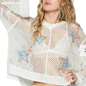 POL White Mesh Star Crochet Hoodie with Blue and Orange Accents thumbnail 1