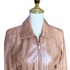 Y2K‎ Redi Pink Metallic Leather Jacket Embossed Floral Moto Zip Front Size Small thumbnail 2