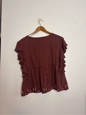 Anthropologie Brown Embroidered Bohemian V-Neck Ruffle Short Sleeve Top thumbnail 12