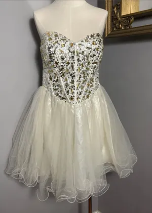 Deb VINTAGE Size 14 15 Ivory Sequin Strapless Sweetheart Cocktail Dress thumbnail 1