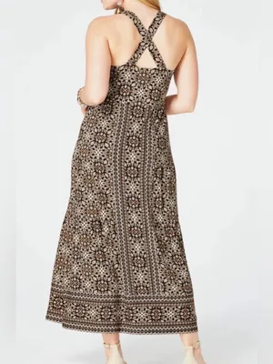 J. Jill Brown Cream Floral-Print Maxi Dress cross back casual boho layering L thumbnail 2