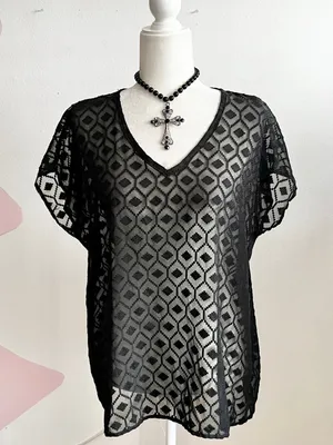 Black Mesh Sheer Top Grunge Witchy Gothic Whimsigoth Small‎ thumbnail 1